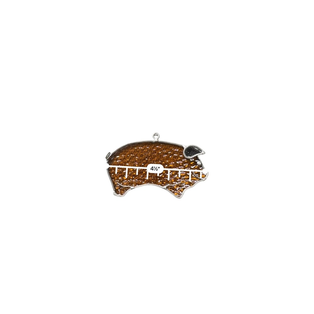 Vintage Stained Glass Pig Suncatcher Amber Brown Animal Window Decor 4.5 Inch